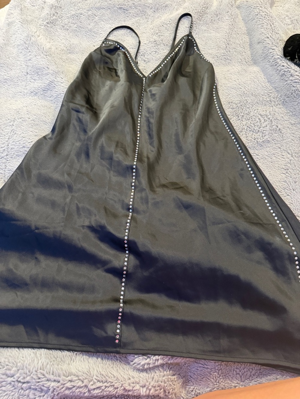 Victoria's Secret Black Satin Chemise with Rhinestone Trim